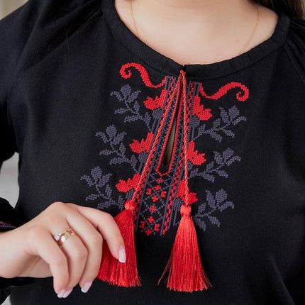 Ukrainian Vyshyvanka Blouse – Red & Black Geometric Design