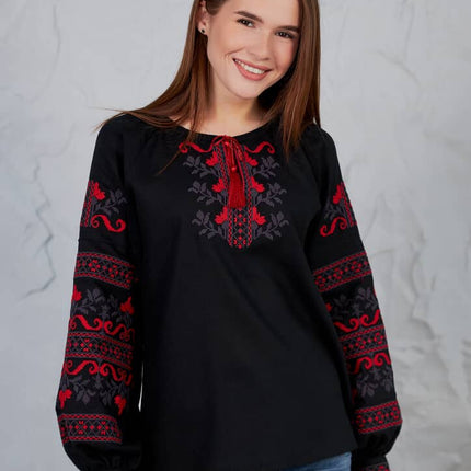 Ukrainian Vyshyvanka Blouse – Red & Black Geometric Design