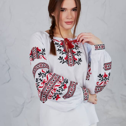 Ukrainian Vyshyvanka Blouse – Red & Black Geometric Design