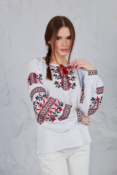 Ukrainian Vyshyvanka Blouse – Red & Black Geometric Design