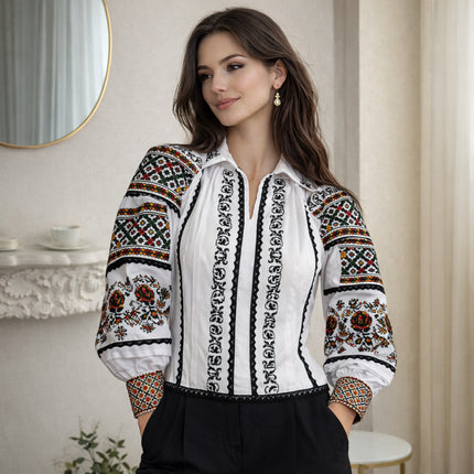 Ukrainian Vyshyvanka Embroidered Blouse for Women – Traditional Folk Shirt, White Cotton or Natural Linen Ukrainian Embroidery