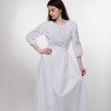 Ukrainian White Embroidered Maxi Dress with Gray Embroidery