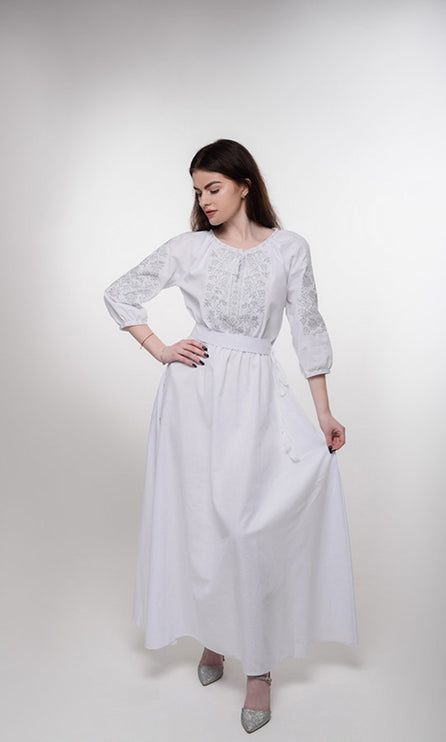 Ukrainian White Embroidered Maxi Dress with Gray Embroidery