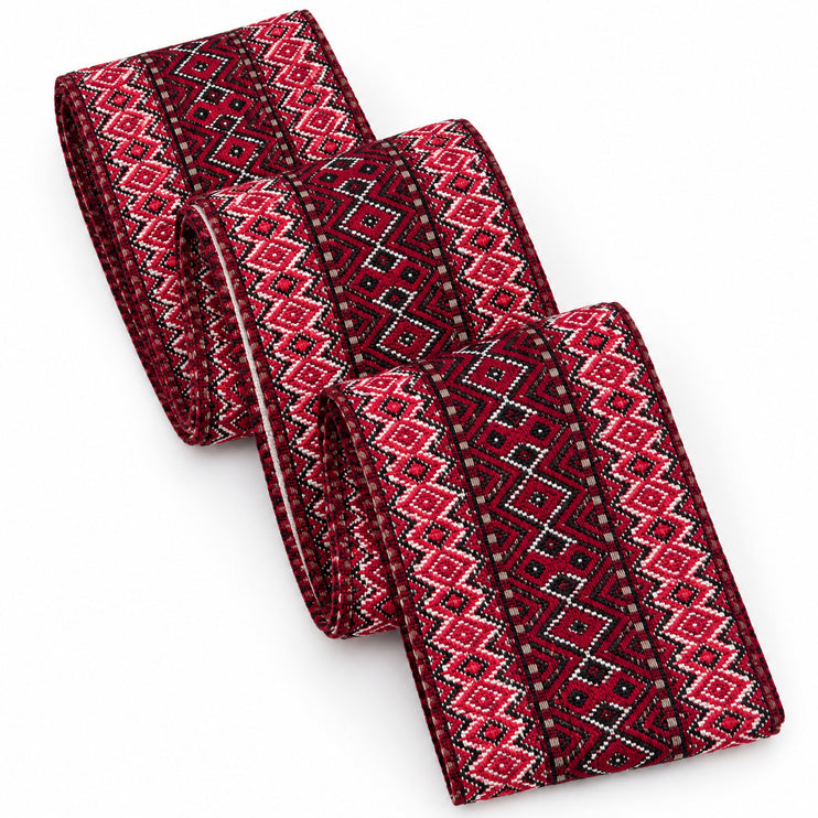 Ukrainian woven krayka sash belt for vyshyvanka in red, burgundy and white with Diamond Field pattern, 1.45 m