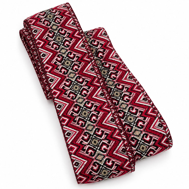 Ukrainian woven sash belt in red, black and white, Zigzag & Hooks pattern
