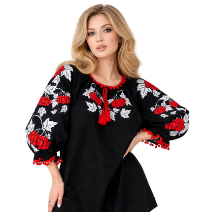 Ukrainian Black Vyshyvanka with Red Viburnum (Kalyna) Embroidery