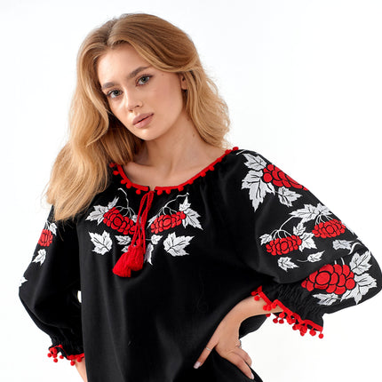 Ukrainian Black Vyshyvanka with Red Viburnum (Kalyna) Embroidery