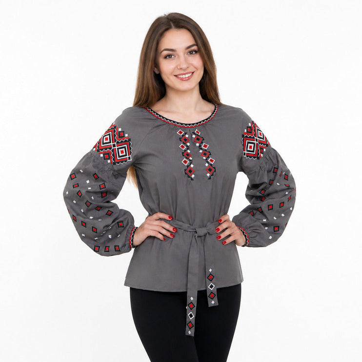 Ukrainian Embroidered Blouse with Geometric Pattern