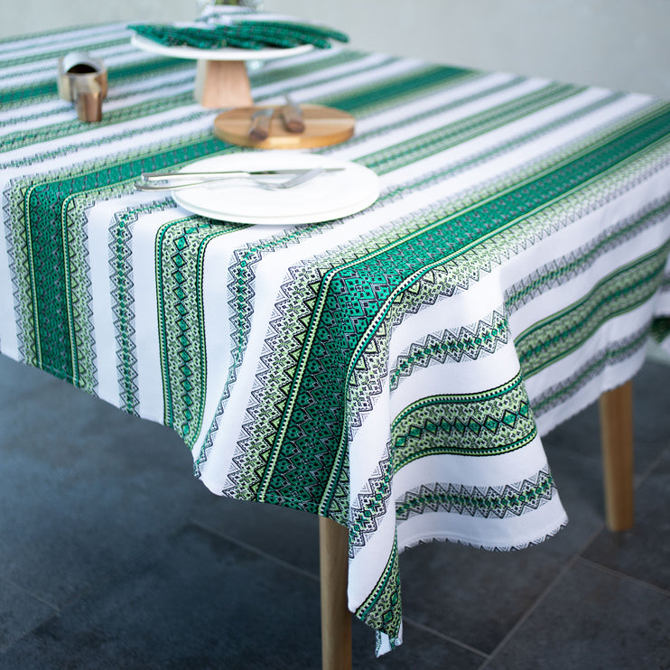 Ukrainian Embroidered Green Tablecloth Set with 6 Napkins