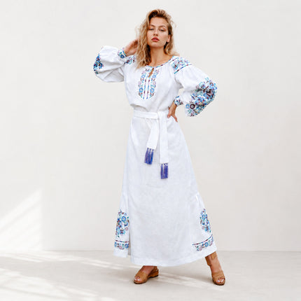 Ukrainian Embroidered White Linen Dress for Women