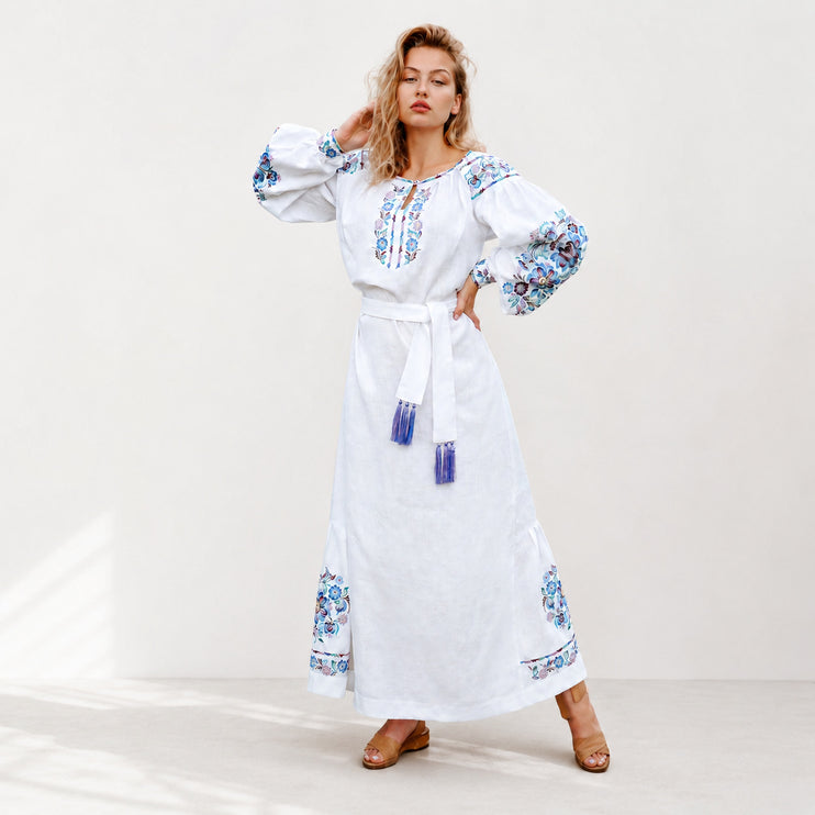Ukrainian Embroidered White Linen Dress for Women