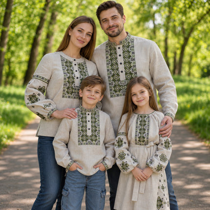 Boys Ukrainian Linen Vyshyvanka Shirt with Green Embroidery