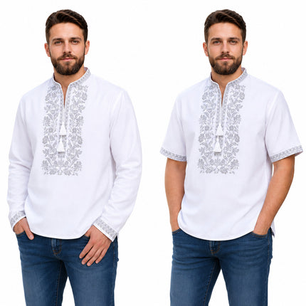 Ukrainian Men’s White Embroidered Shirt with Gray Embroidery