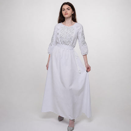 Ukrainian White Embroidered Maxi Dress with Gray Embroidery