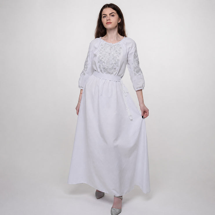 Ukrainian White Embroidered Maxi Dress with Gray Embroidery