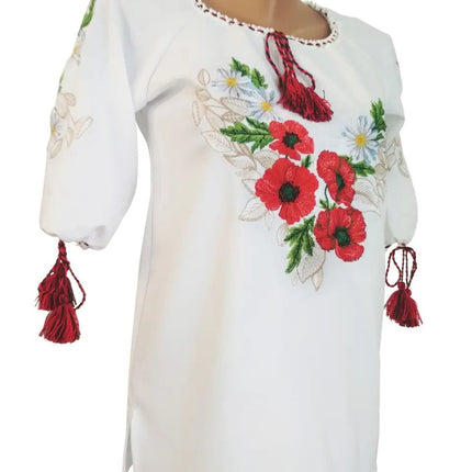 Ukrainian embroidered blouse with a floral ornament of poppy-chamomile