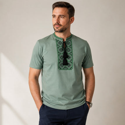 Ukrainian embroidered shirt with black and green cross embroidery