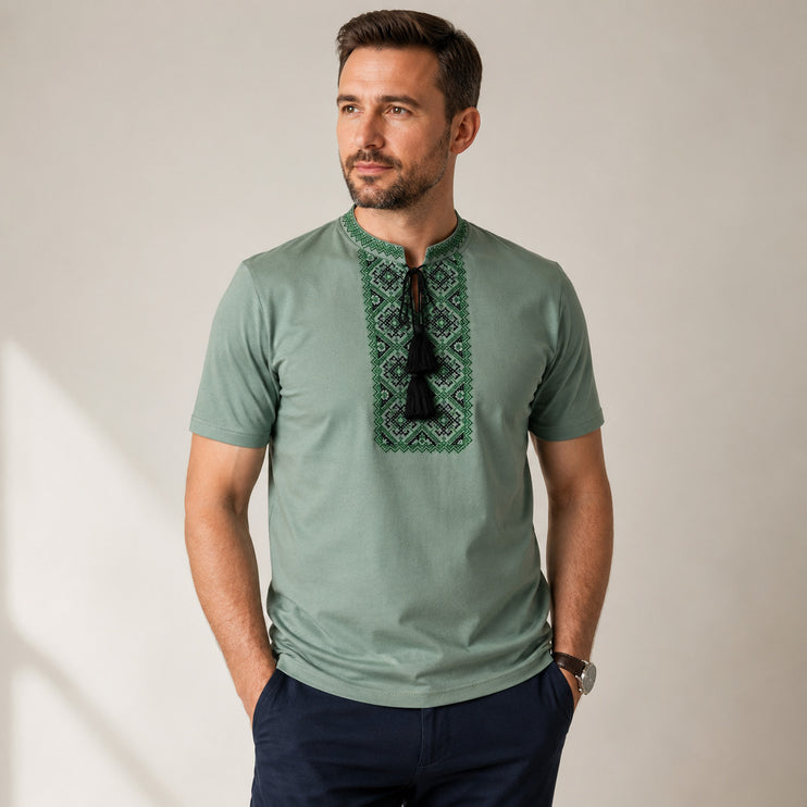 Ukrainian embroidered shirt with black and green cross embroidery