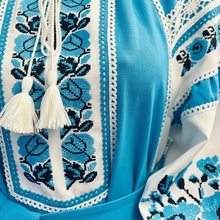 Linen dress in Ukrainian style with embroidery and lace