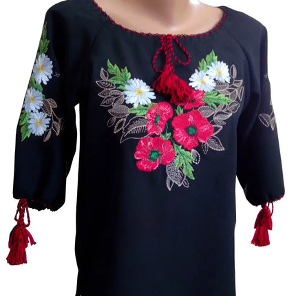 Ukrainian embroidered blouse with a floral ornament of poppy-chamomile