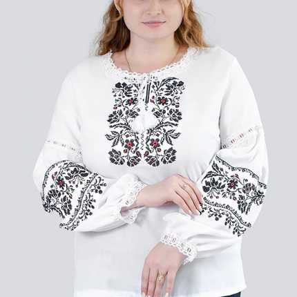 Ukrainian embroidered linen blouse with lace