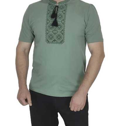 Ukrainian embroidered shirt with black and green cross embroidery