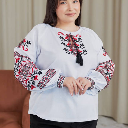 Ukrainian Vyshyvanka Blouse – Red & Black Geometric Design