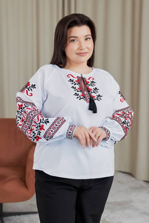 Ukrainian Vyshyvanka Blouse – Red & Black Geometric Design