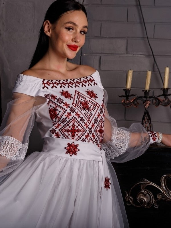 ukrainian embroidered wedding dress White Wedding Linen Dress with Exquisite with gold embroidery Ukrainian Vyshyvanka Traditional