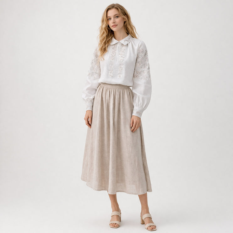 White Linen Vyshyvanka Blouse – Pearl Embroidery