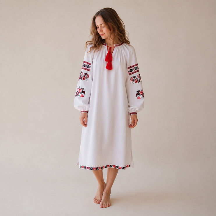 White Ukrainian Embroidered Dress – Red & Black Vyshyvanka