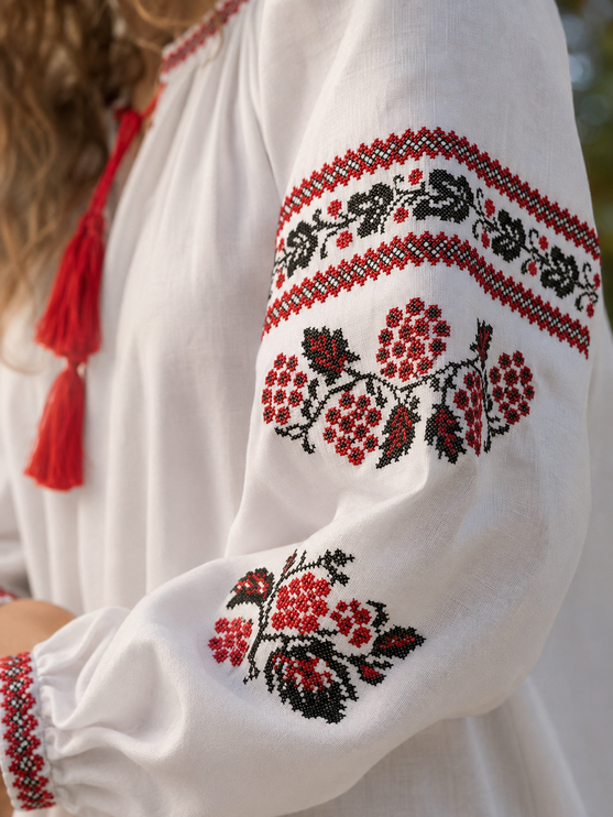 White Ukrainian Embroidered Dress – Red & Black Vyshyvanka