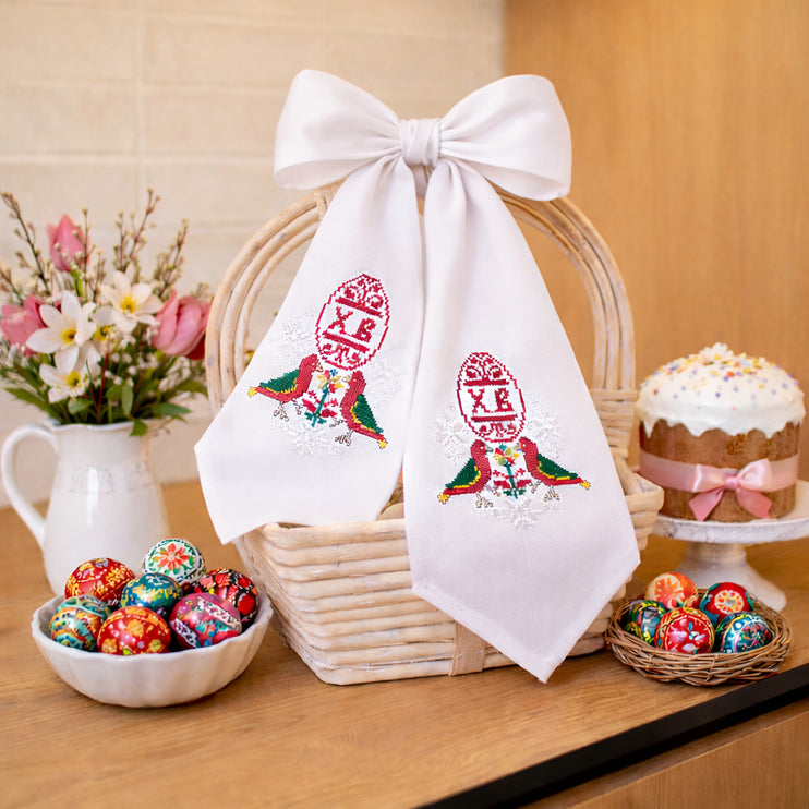 White Easter Bow with Ukrainian Embroidery – Festive Basket Decoration