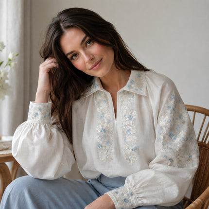 White Linen Vyshyvanka Blouse – Pearl Embroidery