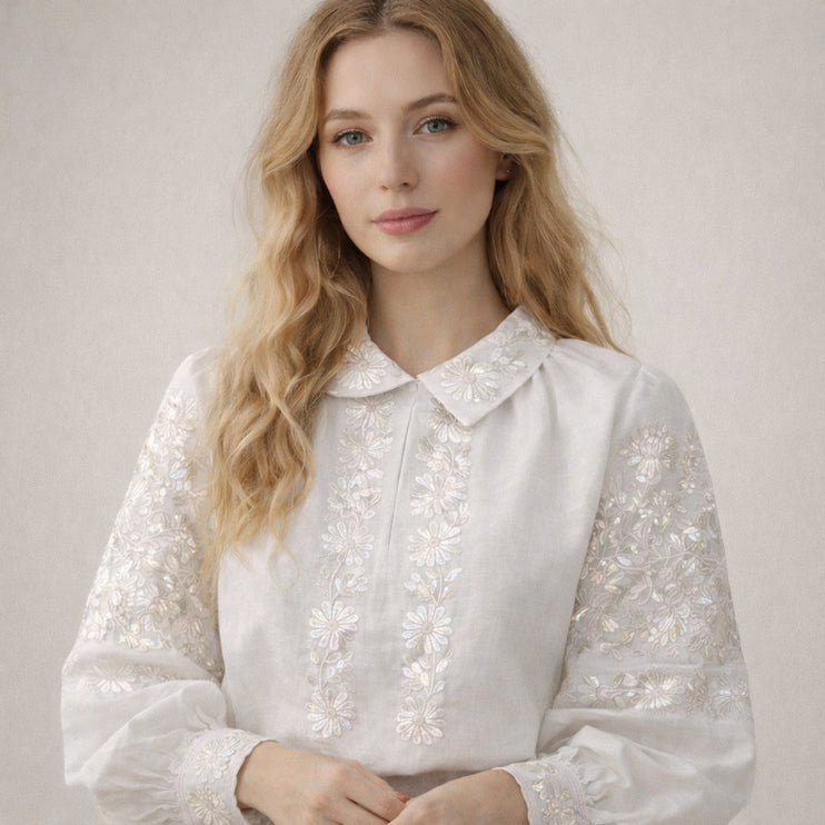 White Linen Vyshyvanka Blouse – Pearl Embroidery