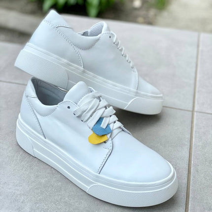 White leather women's sneakers with white sole