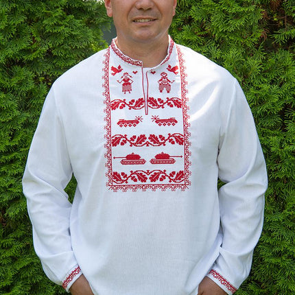 White men's shirt with a contemporary red ornament