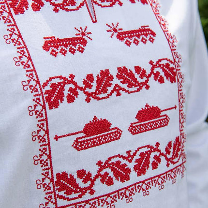 White men's shirt with a contemporary red ornament