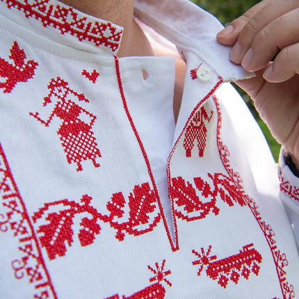 White men's shirt with a contemporary red ornament