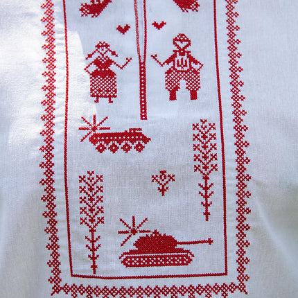 White men's shirt with a contemporary red ornament