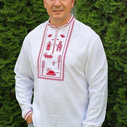 White men's shirt with a contemporary red ornament