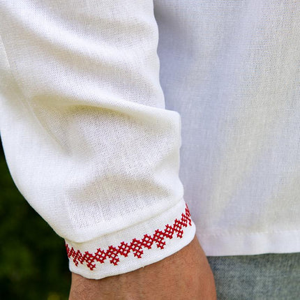 White men's shirt with a contemporary red ornament