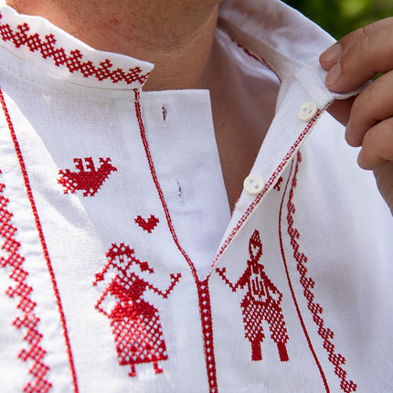 White men's shirt with a contemporary red ornament