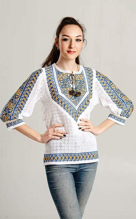 Knitted women's vyshyvanka with a yellow-blue ornament