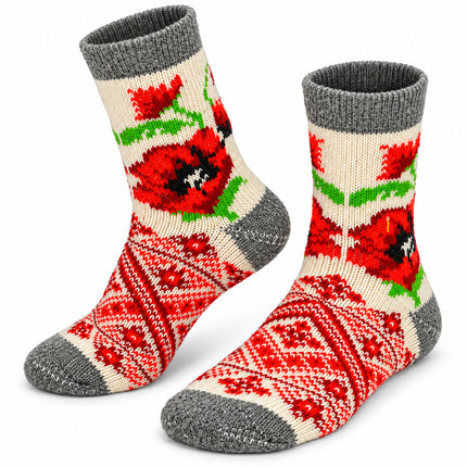 Women’s white sheep wool socks with red poppies and red Ukrainian embroidery-style folk ornament, made in Ukraine