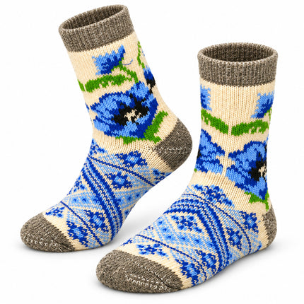 Women’s white sheep wool socks with blue flowers and blue Ukrainian folk ornament on the foot and gray cuffs