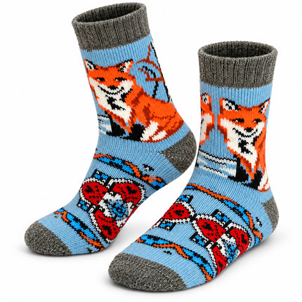 Women’s light blue sheep wool socks with an orange red fox pattern, folk ornament and gray cuffs and heels