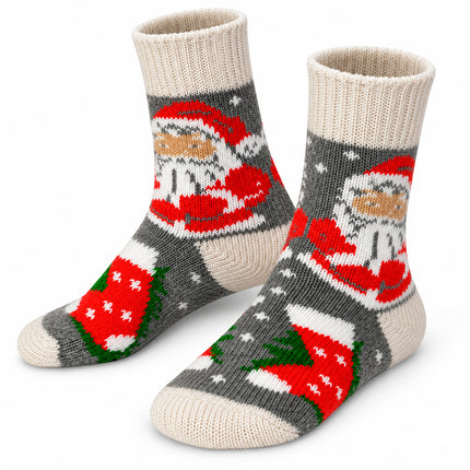 Women’s gray sheep wool Christmas socks with a red Santa Claus pattern and cream cuffs, heels and toes, made in Ukraine