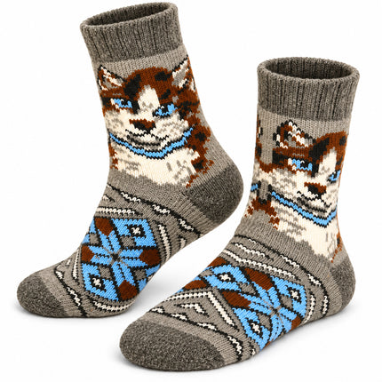 Women’s gray sheep wool socks with a brown and white cat face and blue geometric folk ornament on the foot