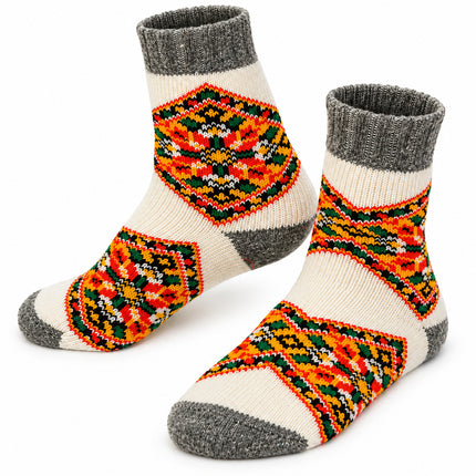 Women’s cream sheep wool socks with orange, red and green Ukrainian folk diamond ornament, made in Ukraine